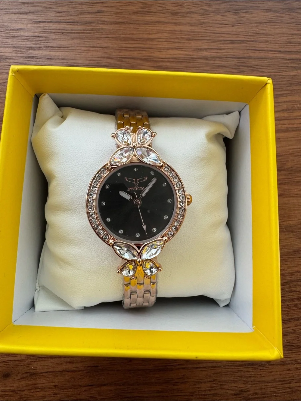 Invicta Rose Gold Bracelet Watch with Charcoal Dial and Crystal Butterflies
